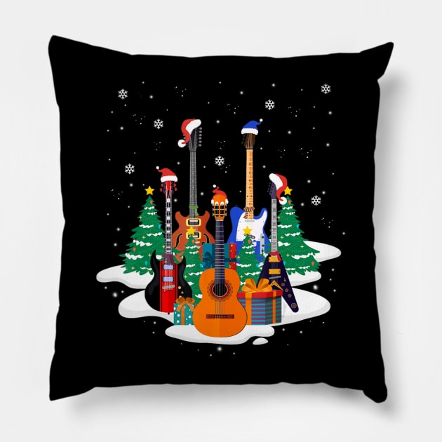 Guitar Santa Hat Christmas Tree Music Loves Xmas Pillow by Mitsue Kersting