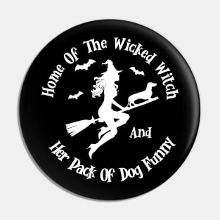 Home Of The Wicked Witch And Her Pack Of Dog Funny Halloween Pin