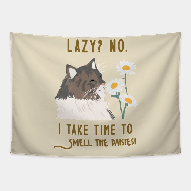 Lazy Motivational Cat With Flowers - Inspiring Mental Health Quote Tapestry by The Cozy Art Club