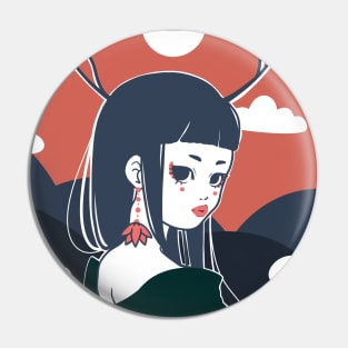 Cute Geisha Design ‚Under the Red Moon‘ | Kawaii Gifts | Handmade Illustration | By Atelier Serakara Pin