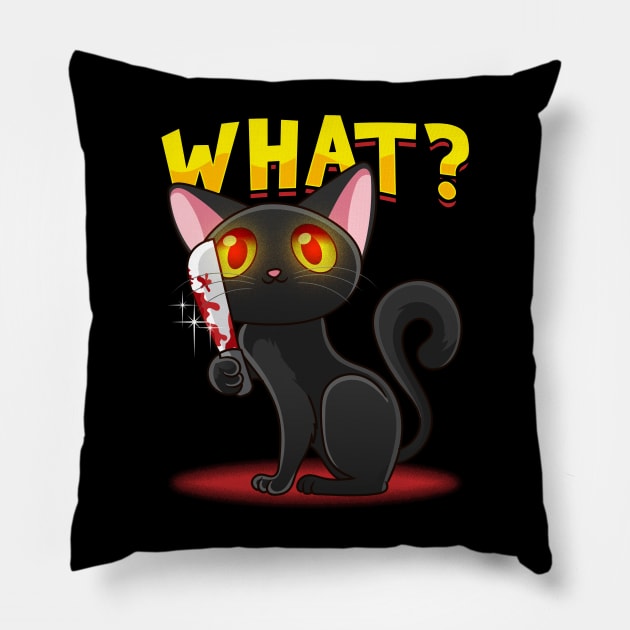 Cat What? Funny Black Cat With Knife Pillow by aneisha