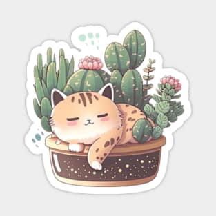 Kawaii Sleepy Cat and Plants Magnet