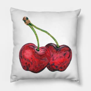 Two red cherries - hand drawn design made with colored pencils Pillow