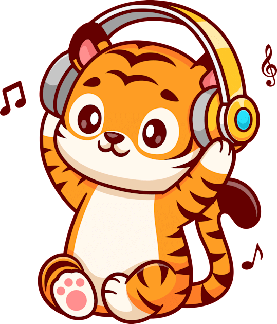 Cute Tiger Listening Music With Headphone Cartoon Kids T-Shirt by Catalyst Labs