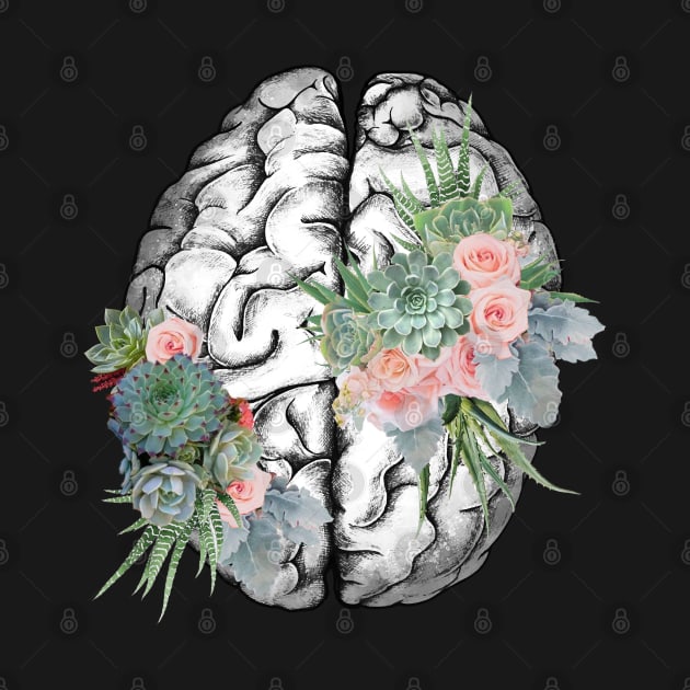 Floral Brain with succulent plants, Mental Health, anatomy art by Collagedream