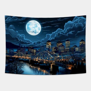 Full Blue Moon Over Portland Oregon on a Dark Background Tapestry