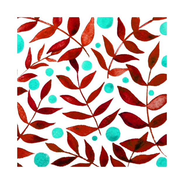 Watercolor branches and berries - red and aqua by wackapacka