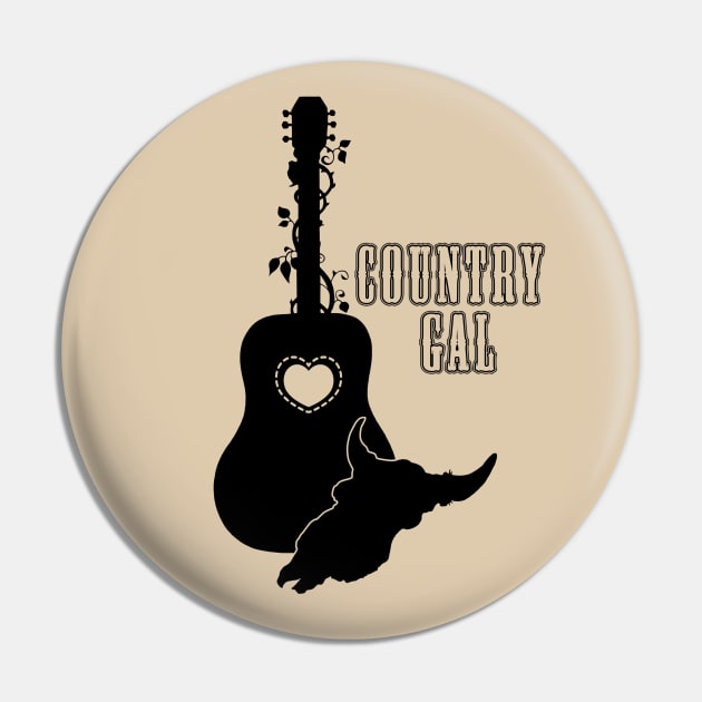 Country Western Girl Guitar Heart Steer Skull and Roses Pin by NaturalDesign