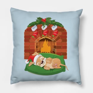 Christmas Puppy Near Fireplace Pillow