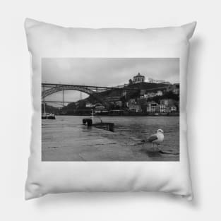 Black and White Porto Harbor, Porto, Portugal, Photography Pillow