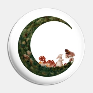 Spring Moon Cottagecore water color Mushrooms Forest White Rabbit and Baby Mouse Pin