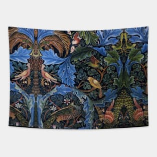 WOOD ANIMALS, BIRDS ,PEACOCKS IN BLUE GREEN LEAVES,FLORAL SWIRLS Tapestry