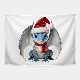 Adorable Blue Baby Dragon Wearing a Red Festive Christmas Hat Tapestry