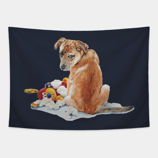 cute brown puppy with torn teddy bear Tapestry by pollywolly