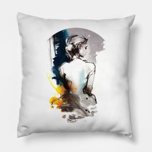 A clothed Woman Sitting viewed from behind, Silhouette Painting Pillow