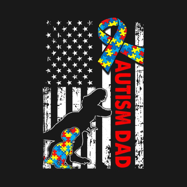 Mens Distressed Dinosaur Autism Dad USA Flag Autism Awareness by tabbythesing960