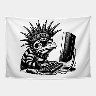 Punk Rock Goth Frog on Computer Vintage Style Tapestry