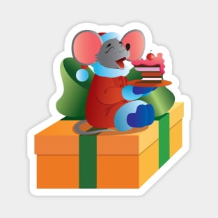 New Year's mouse with a cake on a yellow box with a green bow. Magnet