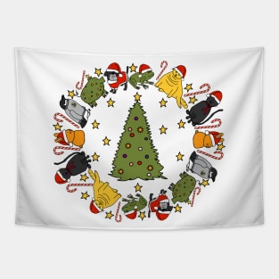 Cute Animals Stars Candy Canes Around the Christmas Tree Tapestry