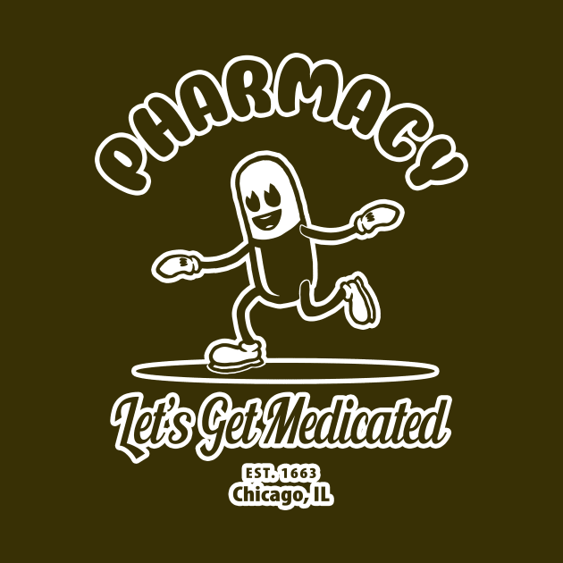 Let's Get Medicated Pharmacy Humor withe Vintage Cartoon Capsule by RxBlockhead