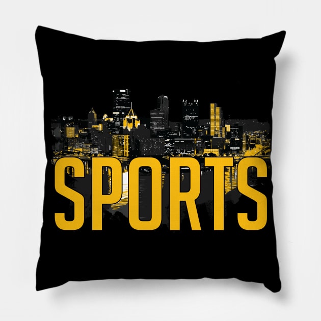 Pittsburgh Sports City Skyline Black and Yellow Pillow by polliadesign