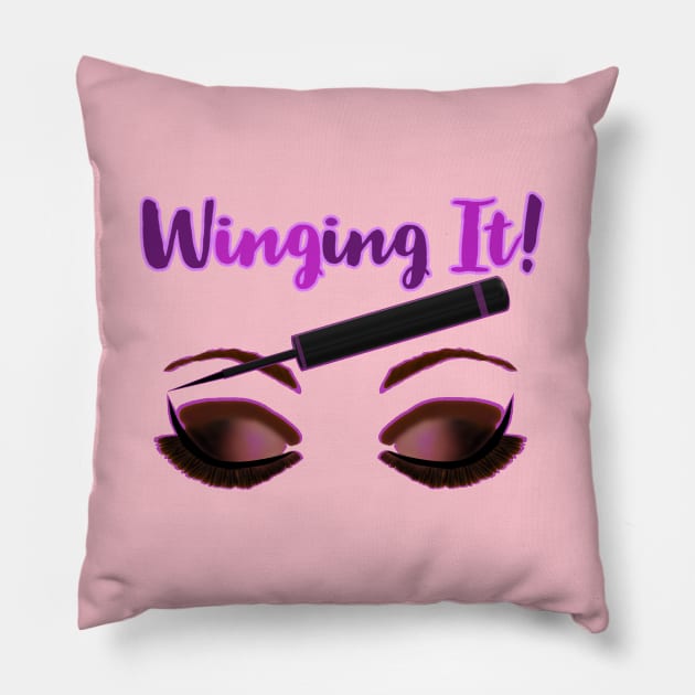 Winging It! Winged Liquid Eyeliner Makeup Pun (Pink Background) Pillow by Art By LM Designs 