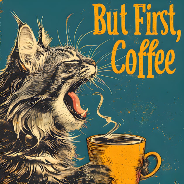 But First Coffee Maine Coon Cat Vintage Retro Design Kids T-Shirt by KittyStampedeCo