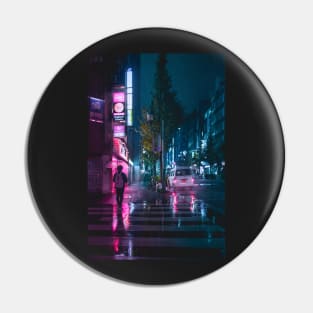 Japanese Walking home in the rain from the grind. Pink and purple reflections. Pin