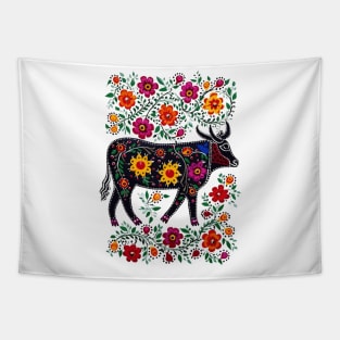 Polish Folk Art Design Cute Cow With Flowers Tapestry