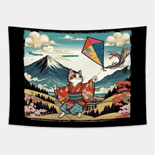 Vintage Japanese Art Kite Lover Playful Kid Cute Cat Tapestry