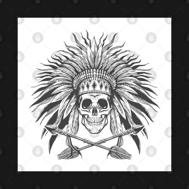 Skull in Indian War Bonnet and Arrows Tattoo by devaleta