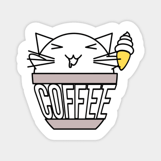 Cat in coffee cup with warped text holding ice cream wearing glasses Magnet