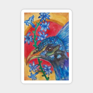 Blue peacock bird and flowers Magnet