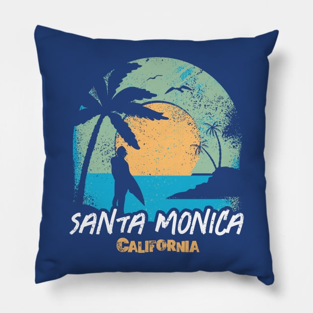 Retro Sunset Santa Monica, California Surfing // Retro Surfer Beach Pillow by Now Boarding