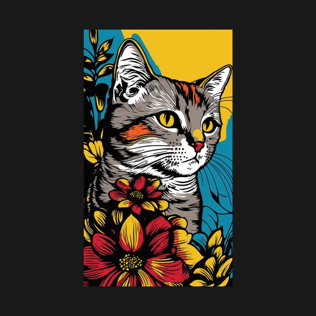 American Shorthair Cat Vibrant Tropical Flower Tall Retro Vintage Digital Pop Art Portrait by ArtHouseFlunky