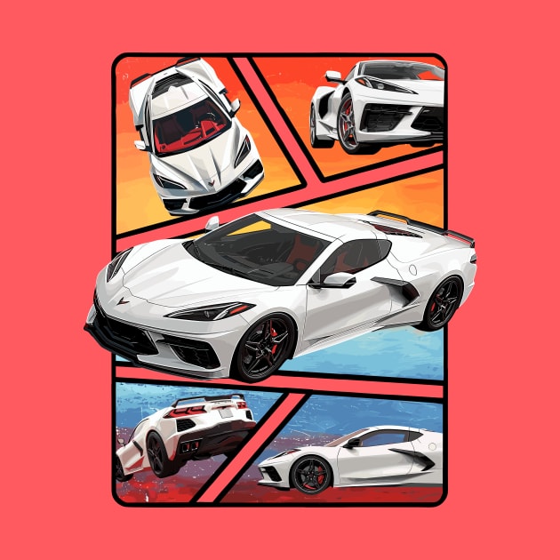 Multiple Angles of the Arctic White C8 Corvette Presented In A Bold Vibrant Panel Art Display Supercar Sports Car Racecar Torch Arctic White Corvette C8 by Tees 4 Thee