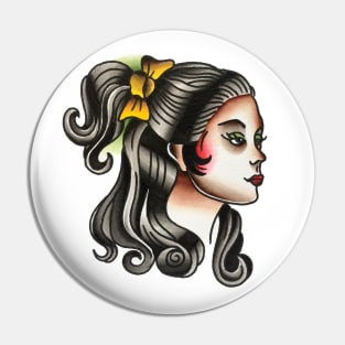 Pony Tail Lady Face Tattoo Design Pin