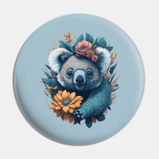 Cute smiling Koala bear with florals and foliage t-shirt design, apparel, mugs, cases, wall art, stickers, travel mug Pin