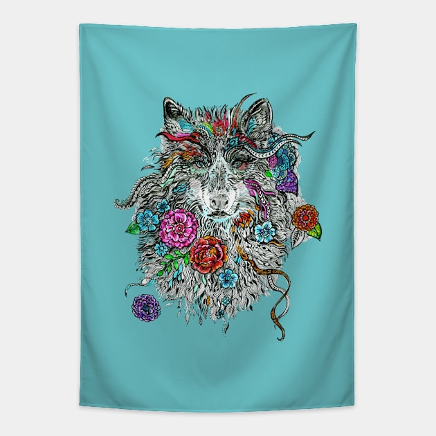 Floral Wolf. Tapestry by FanitsaArt