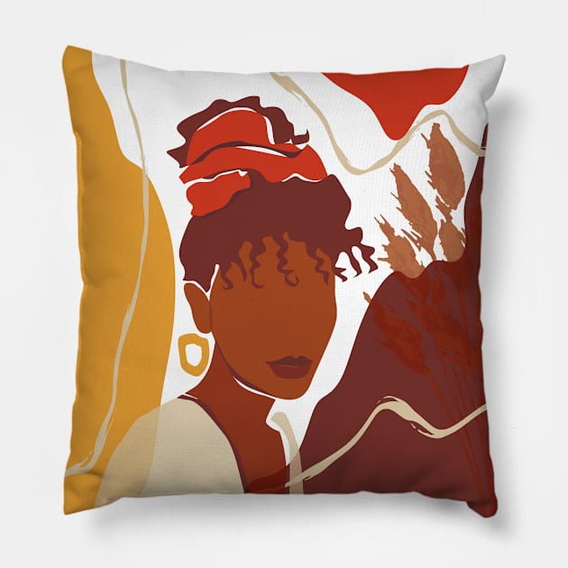 Hand Drawn Abstract Illustration Of Young Afro Beauty Woman African Female Print Black Girl Magic Natural Woman Head Wrap Inspiration Abstract Shapes Floral Background Pillow by Modern Art