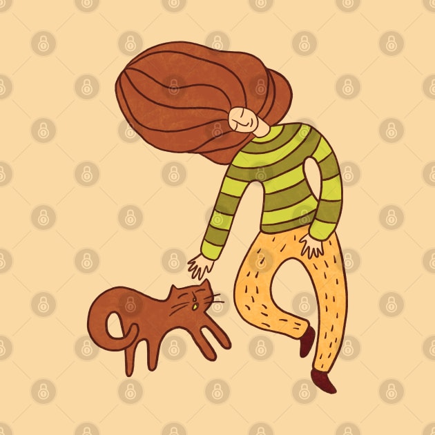 Cool girl with brown hair and brown cat walking, version 6 by iulistration