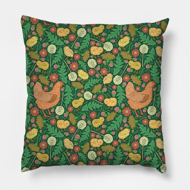 Orange hen with yellow chickens and dandelions on green background Pillow by PinataFoundry