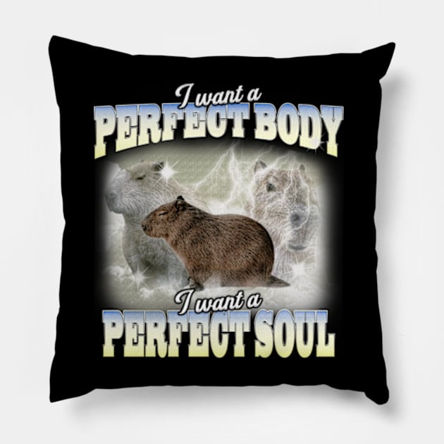 Cabybara Vintage 90s Bootleg Style Graphic T-Shirt, i want a perfect body i want a perfect soul Shirt, Funny Capybara Meme Pillow by Y2KERA