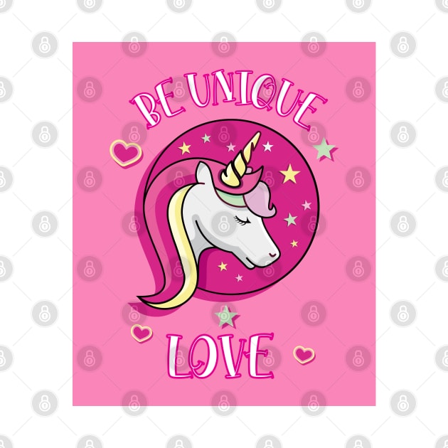 Be Unique Love Beautiful Unicorn Head With Stars And Hearts pink Poster by teezeedy