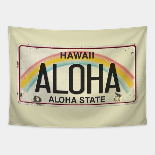 Aloha Vintage Hawaii License Plate Tapestry by HaleiwaNorthShoreSign