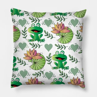 Green frog with lotus leaf and flower seamless pattern. Pillow