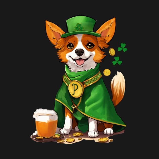 "Corgi in St. Patrick's Day costume with gold coins and clover." by Mariia Tsymbala