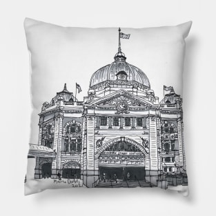 Flinders Street Station Melbourne. Hand Drawn Pen and Ink Pillow