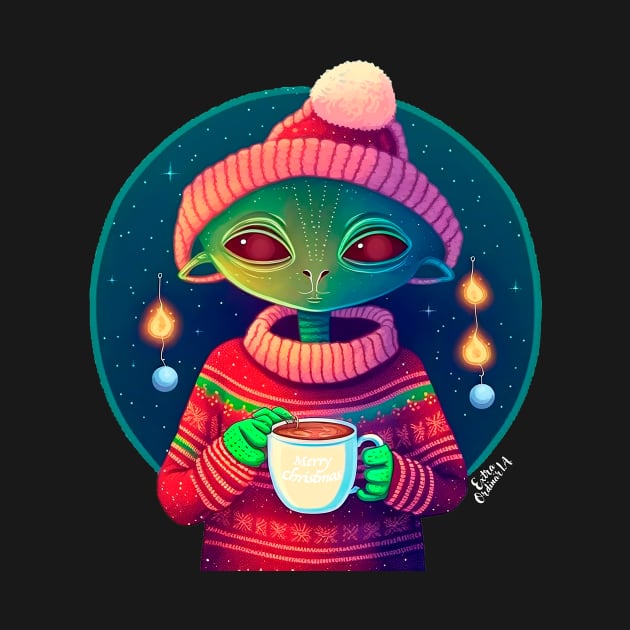 Christmas Funny Alien Drinking Coffee Wearing Sweater by extraordinar-ia