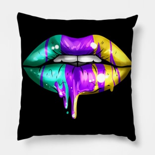 Big Lips In Green, Purple And Yellow Golden For Mardi Gras Pillow